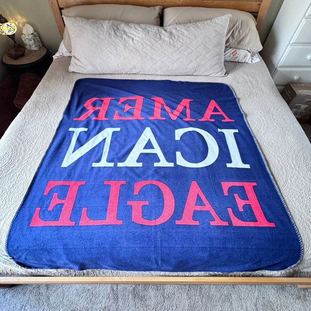 American Eagle Outfitters Blue Red White Logo Fleece Throw Blanket Spellout 2016